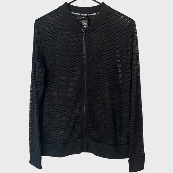 Victoria's Secret Sport Full-Zip Black Mesh Bomber Jacket Womens Medium Athletic - Picture 1 of 11